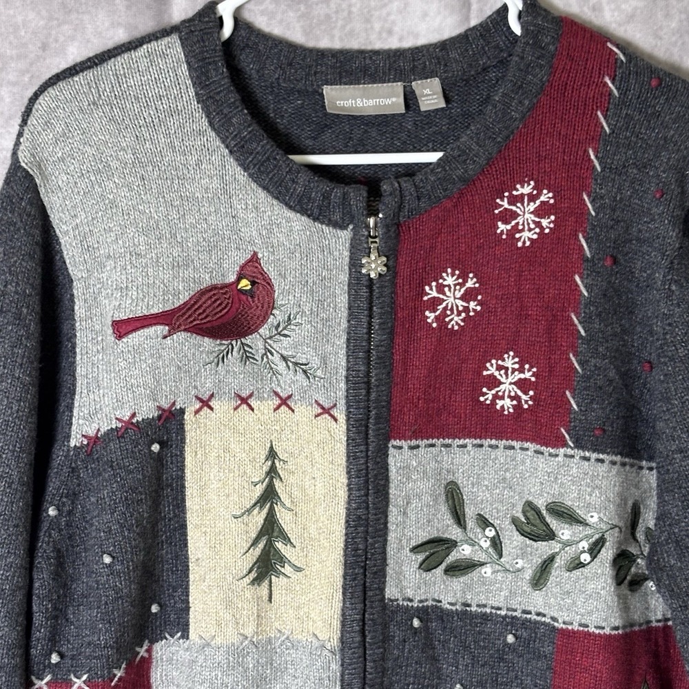Bird Cardigan Sweater Women's XLarge Cotton Embroidered Y2K Croft & Barrow - Picture 2 of 8
